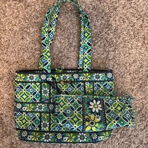 Retired Vera Bradley Daisy Daisy Tic Tac Tote Bag Set w/ Cosmetic Pouch Blue Gre